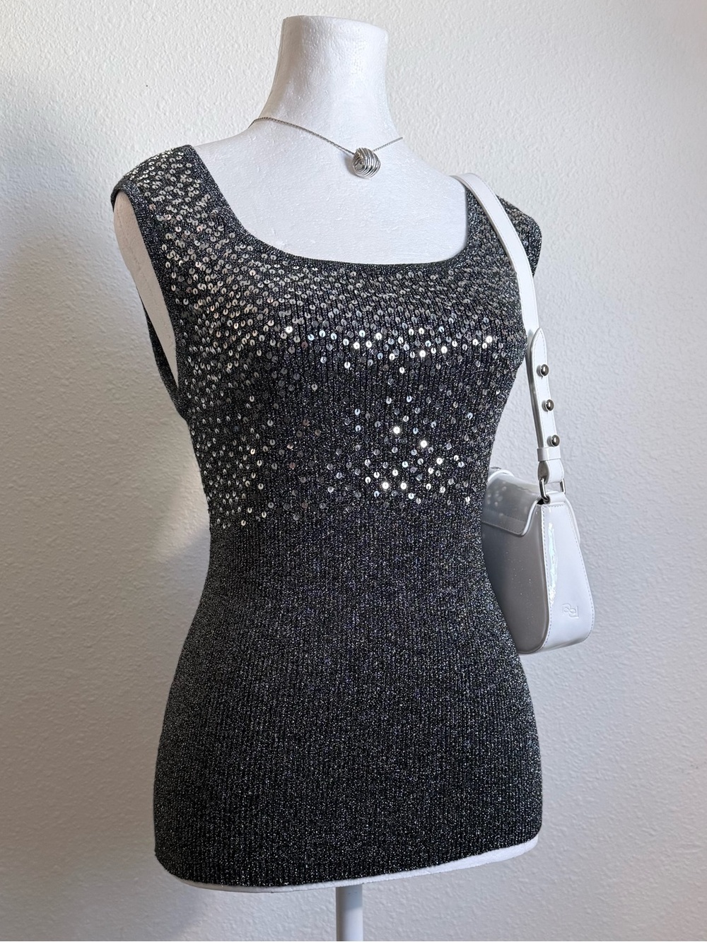 Vintage Metallic Ribbed Knit Sequin Tank Top 90s Glam Retro